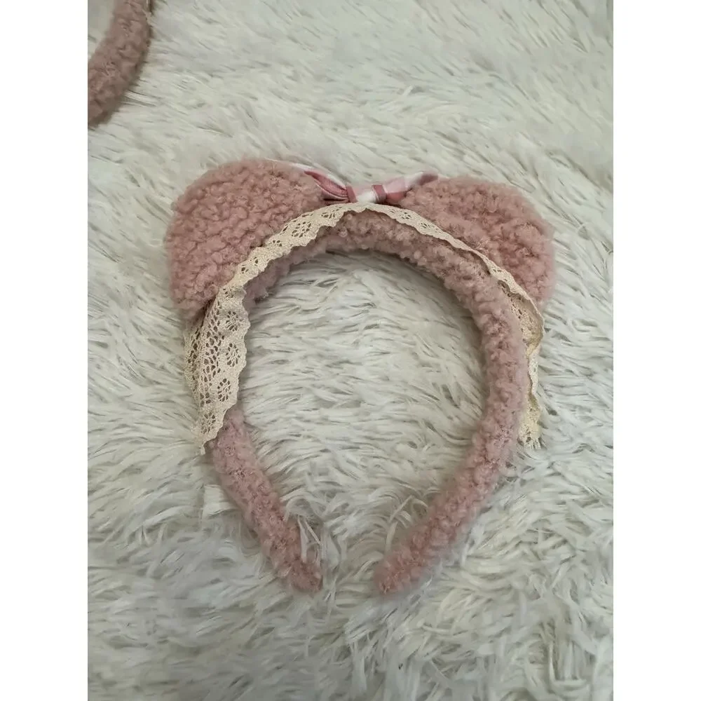 Pink Bear Ears Headband Cosplay Fuzzy Head Band Makeup Spa Costume